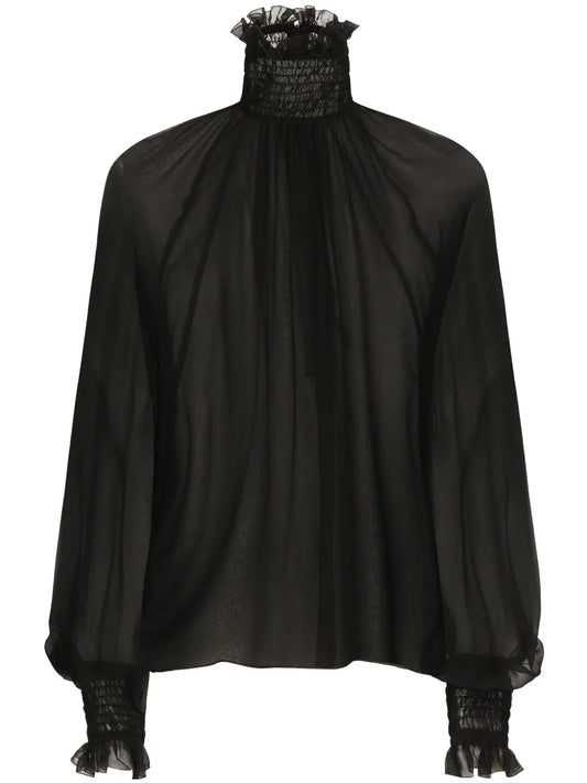 High-Neck Sheer Silk Blouse