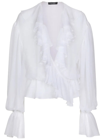 Ruffled-Trim Silk Cropped Blouse