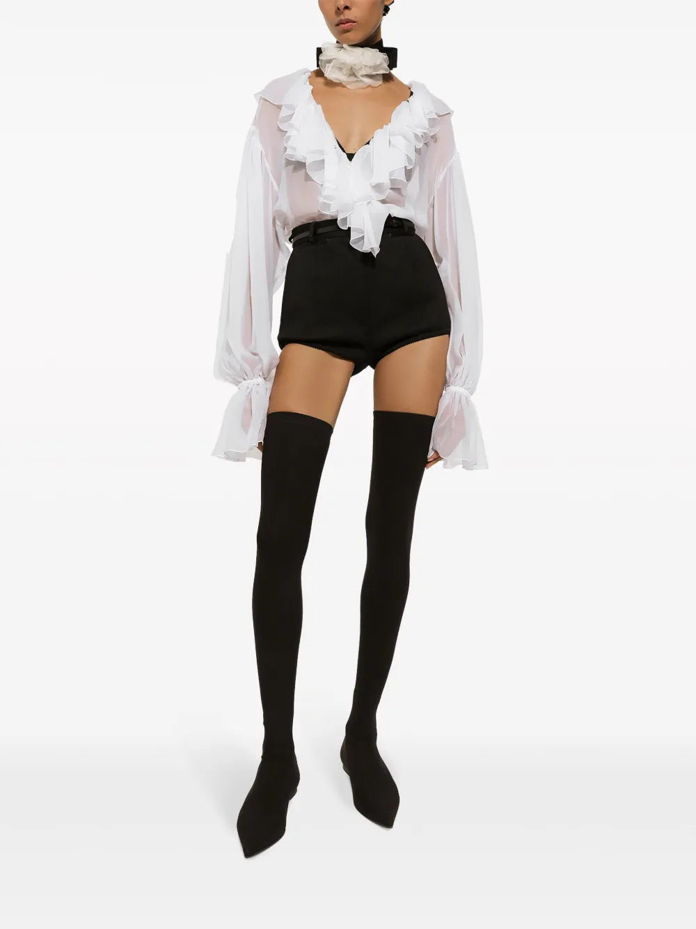 Ruffled-Trim Silk Cropped Blouse