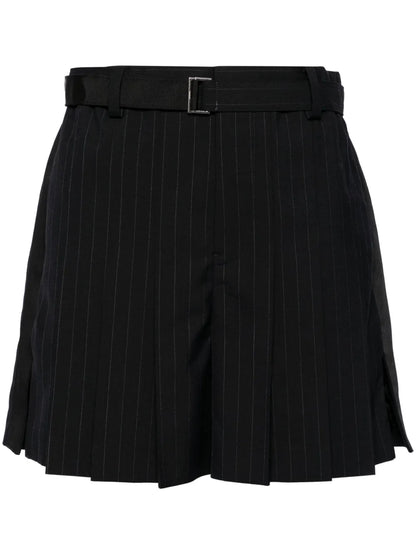 Belted-Waist Pleated Pinstripe Shorts