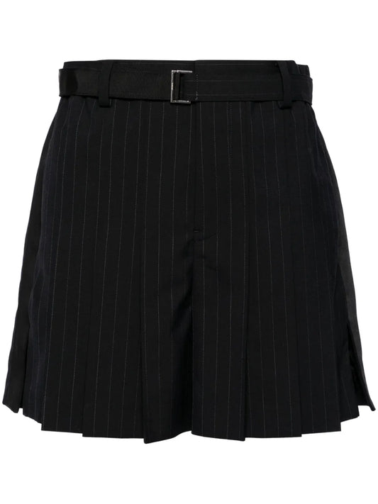 Belted-Waist Pleated Pinstripe Shorts