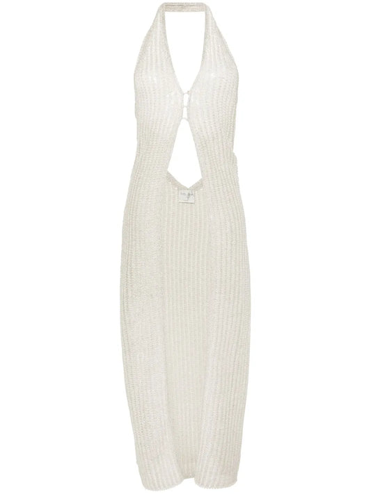 Halterneck Pointelle-Knit Maxi Top