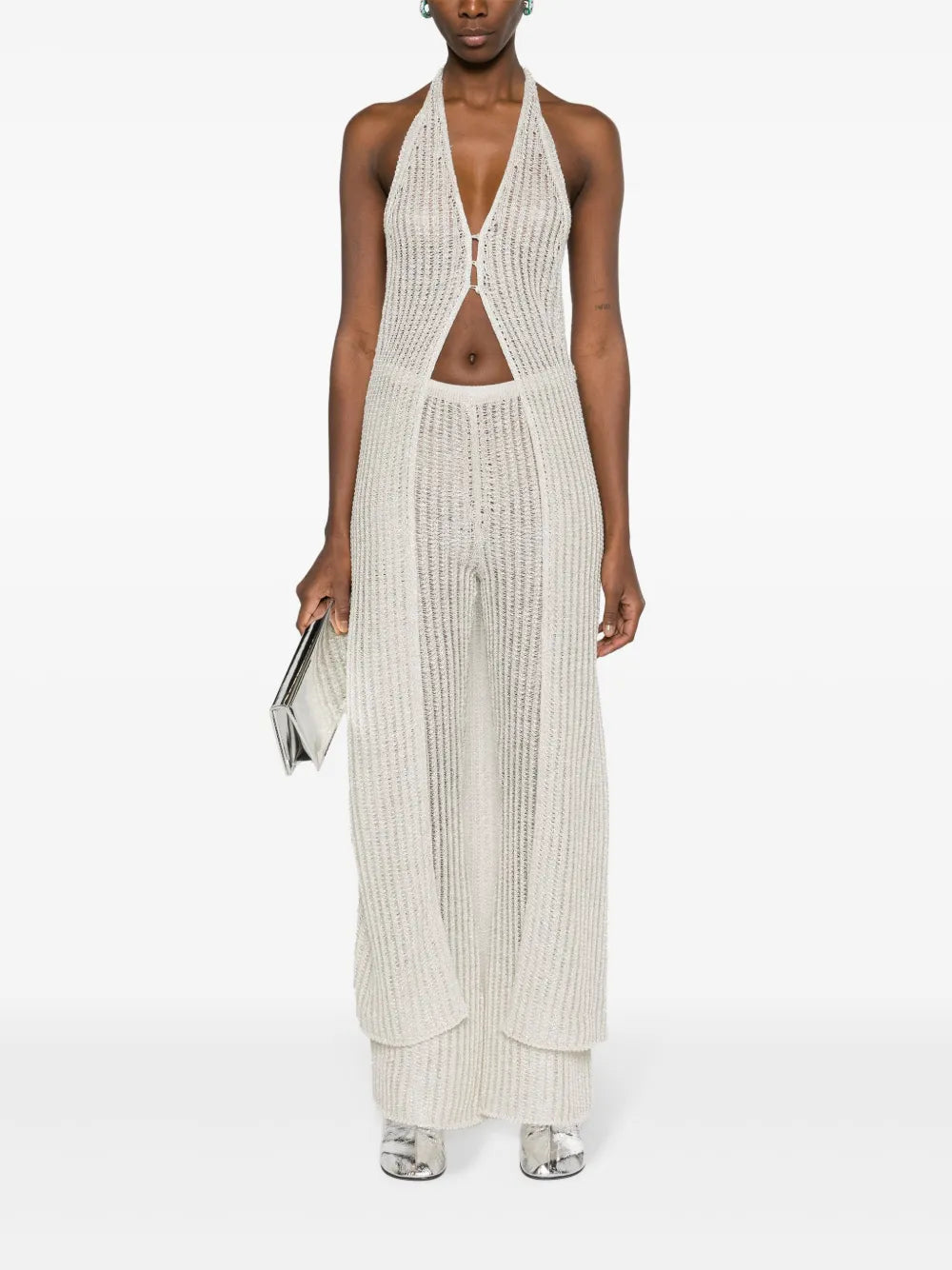 Halterneck Pointelle-Knit Maxi Top