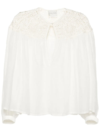 Crochet-Panel Long-Sleeve Blouse