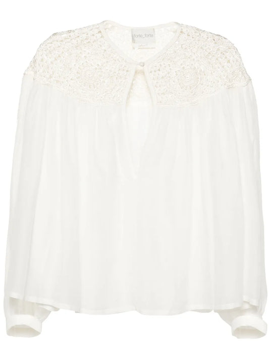 Crochet-Panel Long-Sleeve Blouse