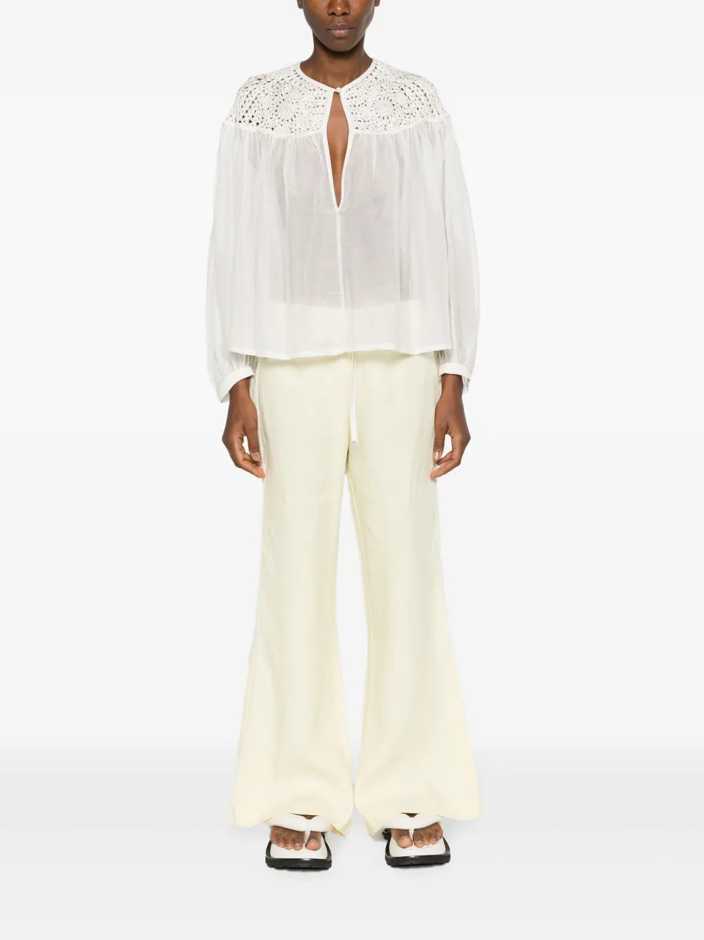 Crochet-Panel Long-Sleeve Blouse