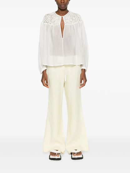 Crochet-Panel Long-Sleeve Blouse