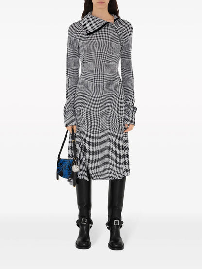 Warped Houndstooth-Pattern Midi Dress
