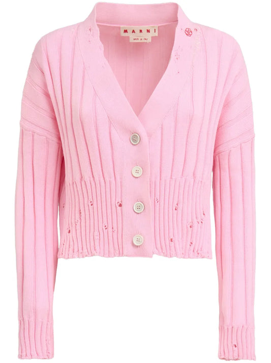 Distressed Cropped Cotton Cardigan