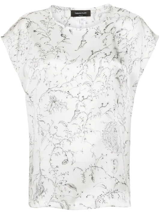 Fabula-Print Silk Satin Blouse