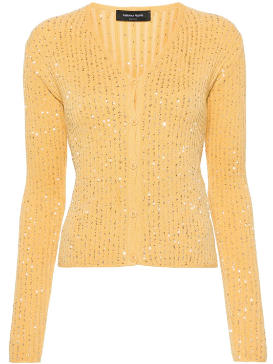 Sequin-Embellished Ribbed Cardigan