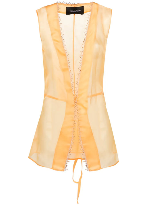 Bead-Detailed Silk Sheer Top