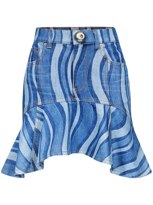 Sunray Ruffle-Hem Denim Skirt