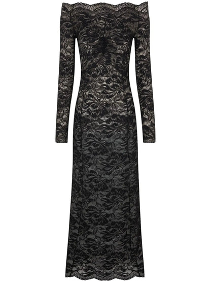 Floral-Lace Bardot-Collar Dress