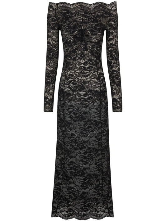 Floral-Lace Bardot-Collar Dress