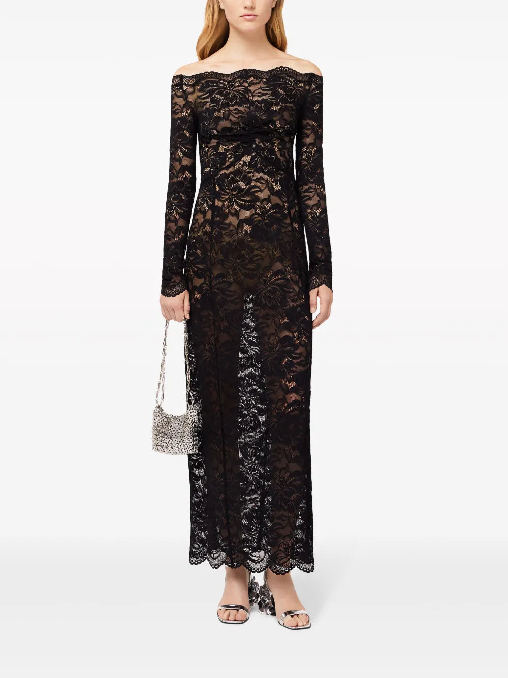 Floral-Lace Bardot-Collar Dress