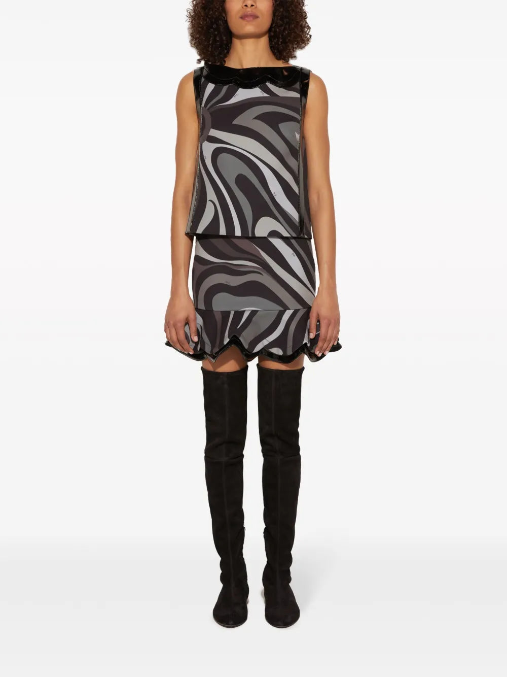 Marmo-Print Patent-Trim Crepe Top