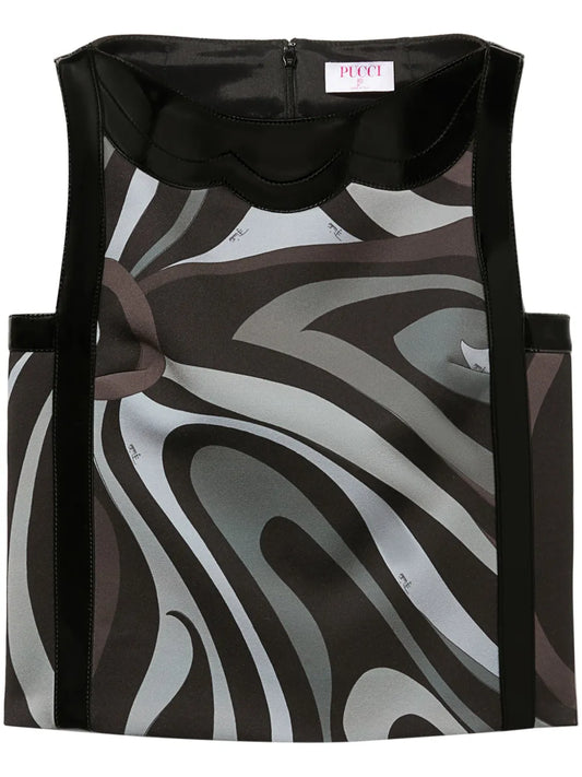 Marmo-Print Patent-Trim Crepe Top