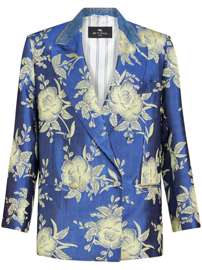 Floral-Jacquard Double-Breastred Blazer