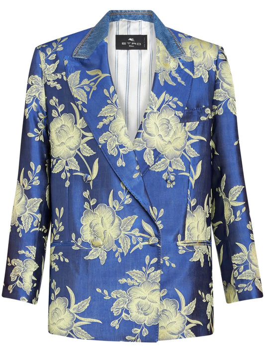 Floral-Jacquard Double-Breastred Blazer