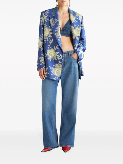 Floral-Jacquard Double-Breastred Blazer