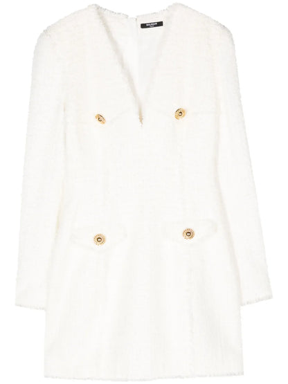 Button-Embellished Tweed Minidress