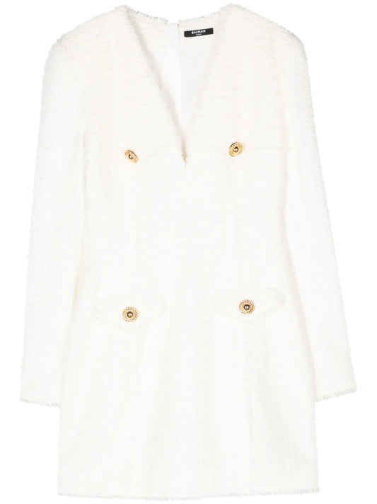 Button-Embellished Tweed Minidress