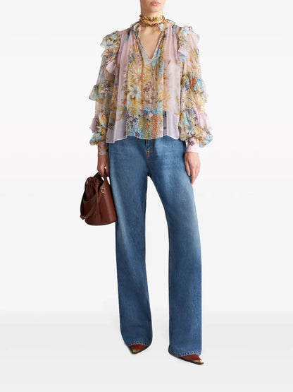 Floral-Print Ruffled Silk Blouse