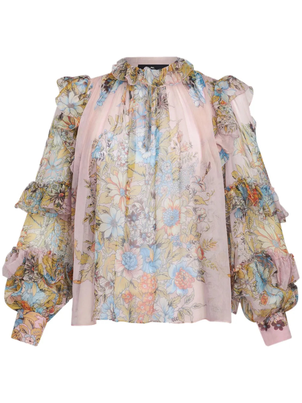 Floral-Print Ruffled Silk Blouse