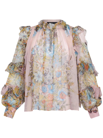 Floral-Print Ruffled Silk Blouse