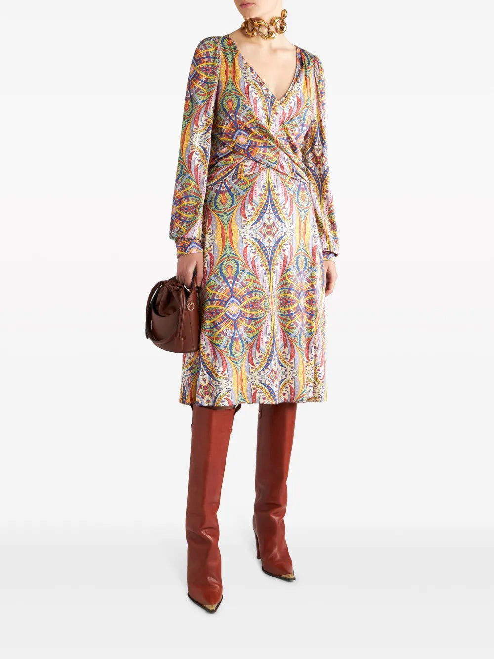 Paisley-Print V-Neck Midi Dress