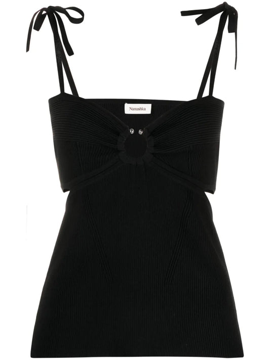 Tied-Straps Fine-Ribbed Top