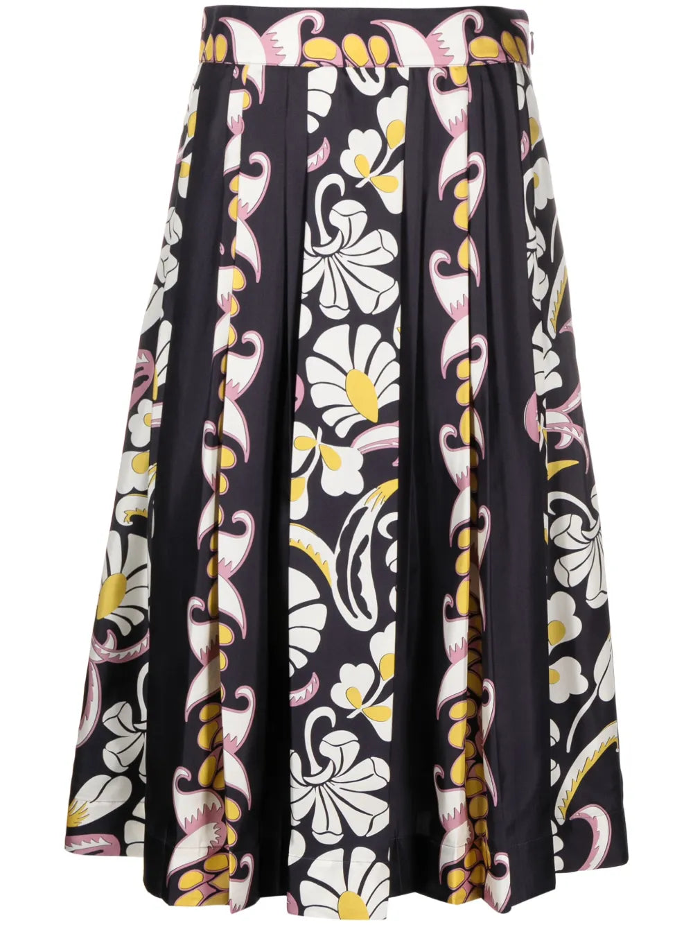 Floral-Print Pleated Silk Skirt