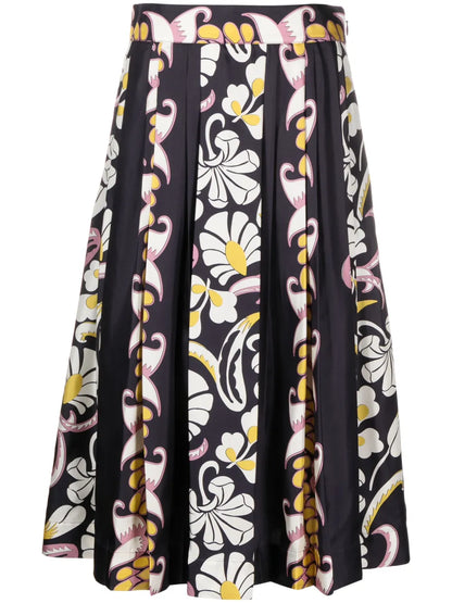 Floral-Print Pleated Silk Skirt