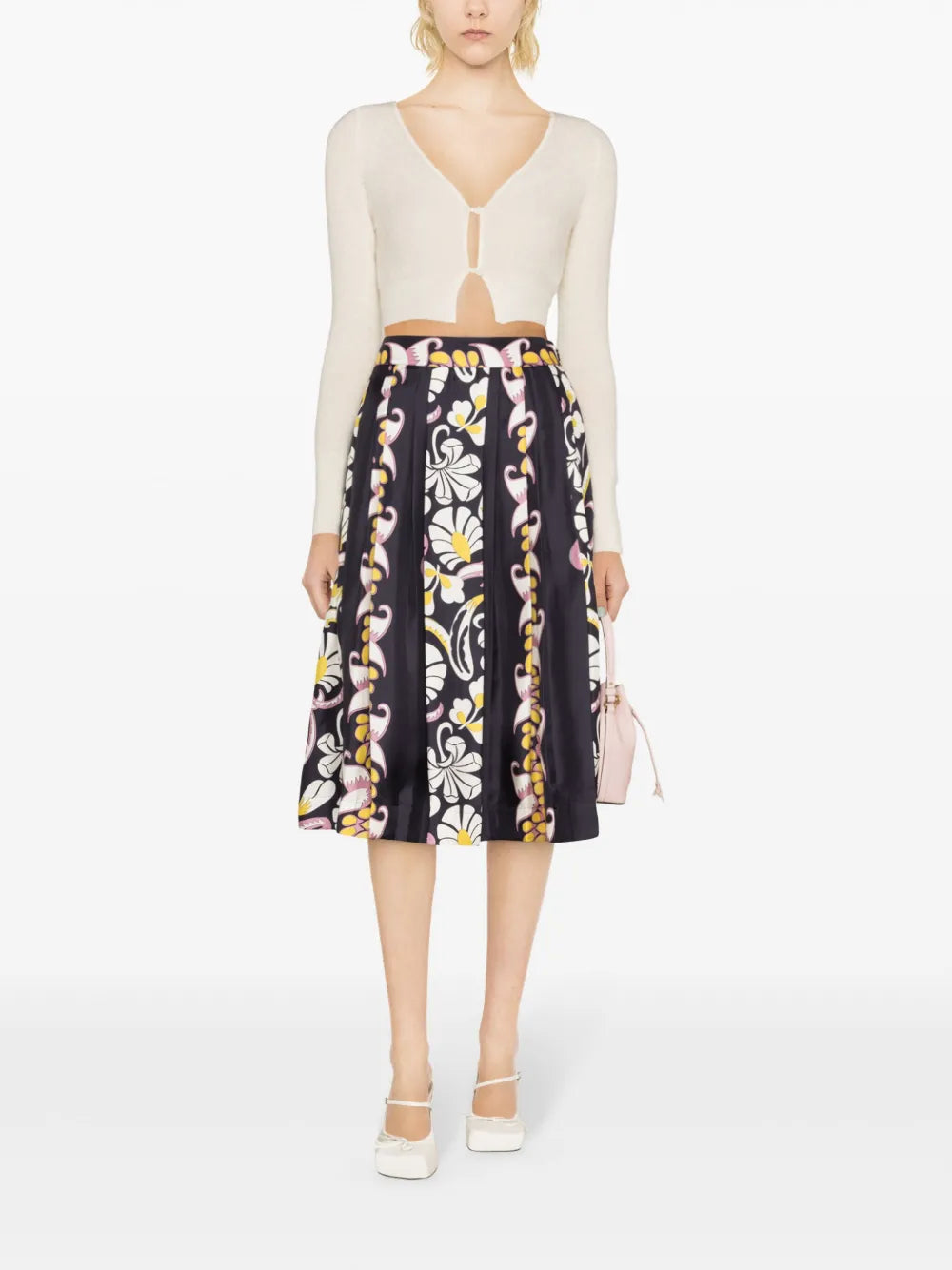 Floral-Print Pleated Silk Skirt