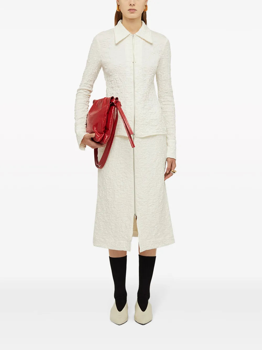 Textured-Finish Zip-Up Midi Skirt