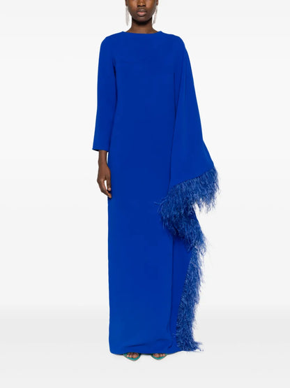 Feather-Trim Asymmetric Maxi Dress