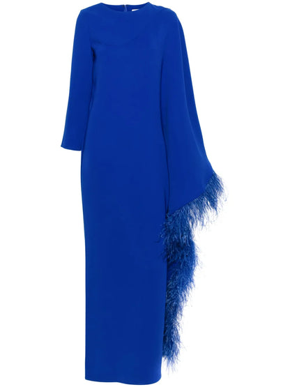Feather-Trim Asymmetric Maxi Dress