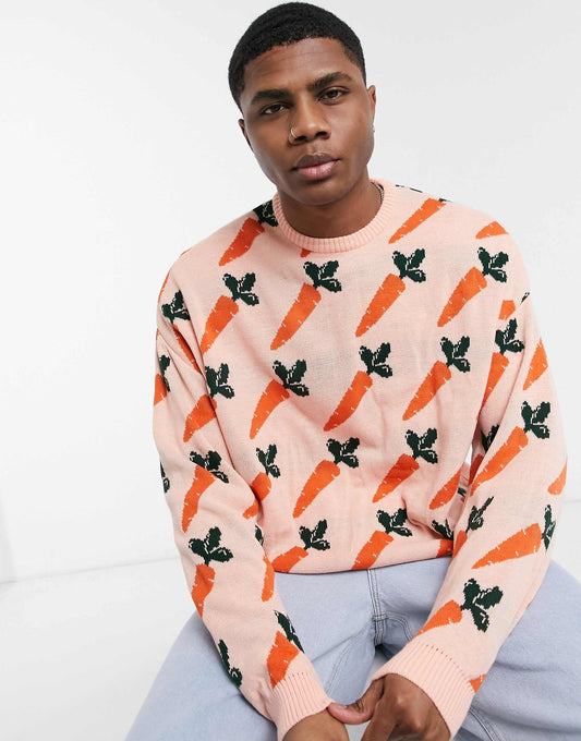 Knitted Oversized Jumper With Carrot Design