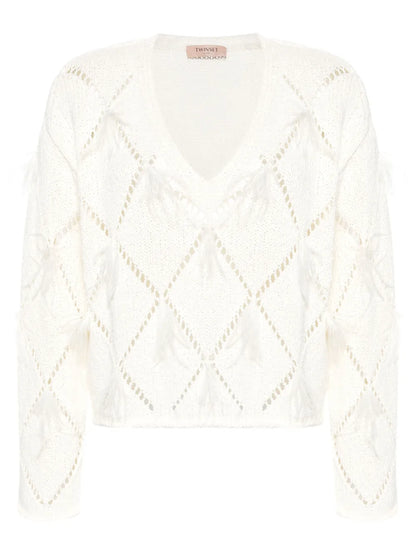 Diamond-Pattern Feather-Detail Jumper