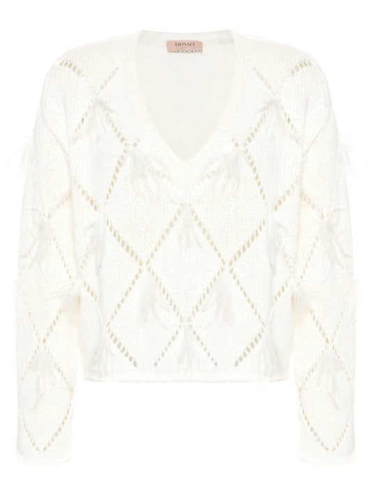 Diamond-Pattern Feather-Detail Jumper