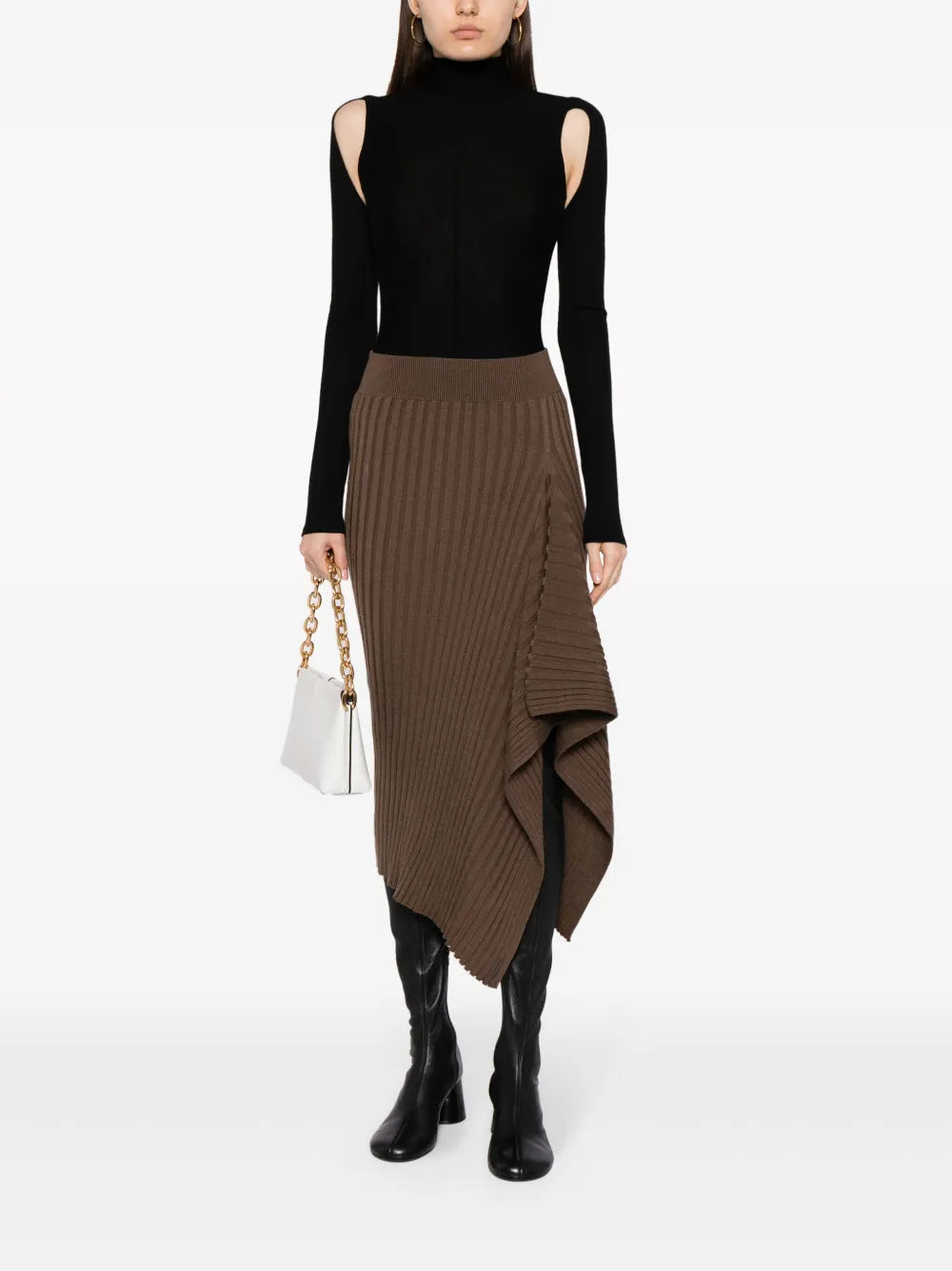 Ribbed-Knit Draped Midi Skirt