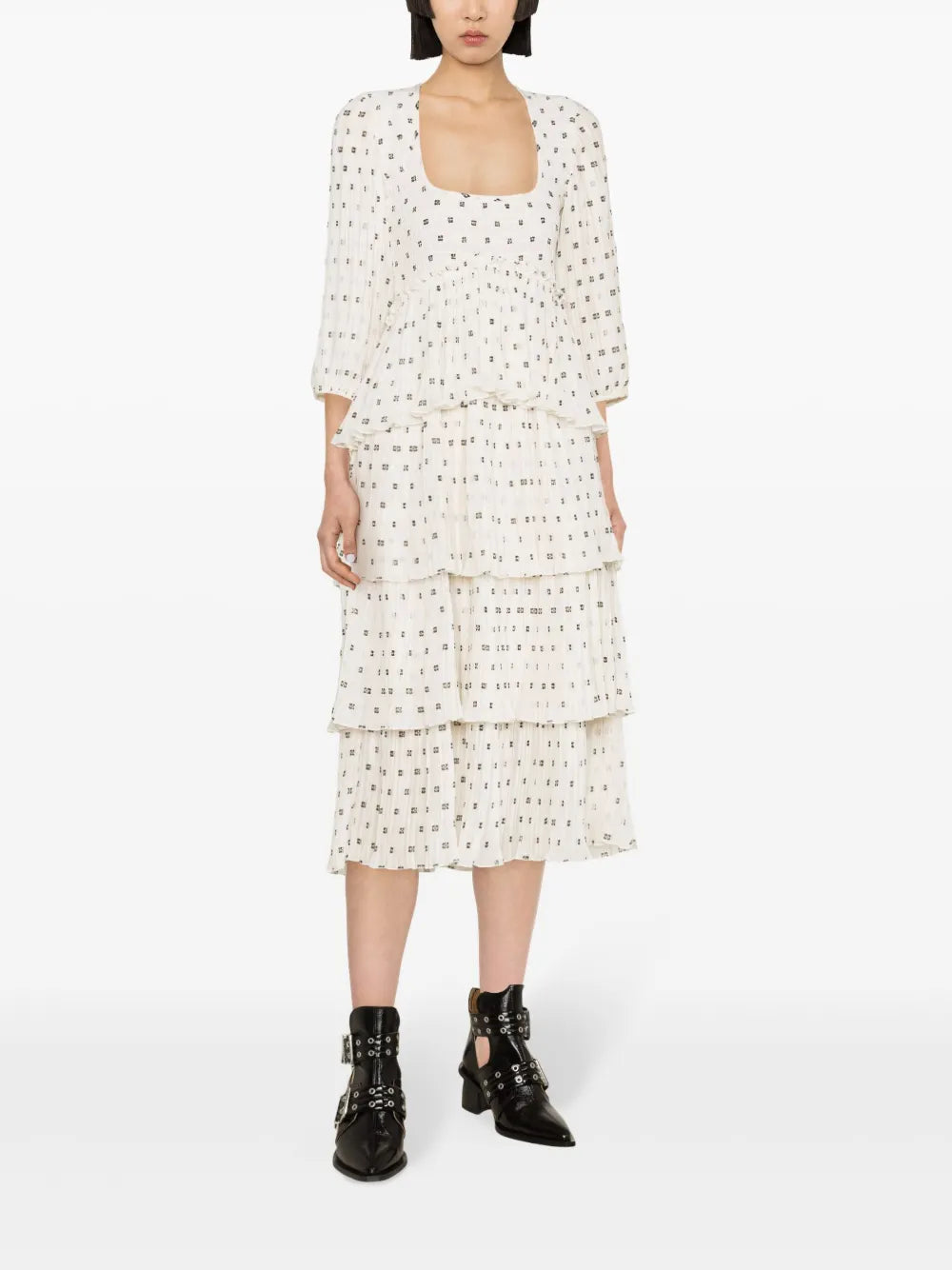 Monogram-Print Pleated Midi Dress