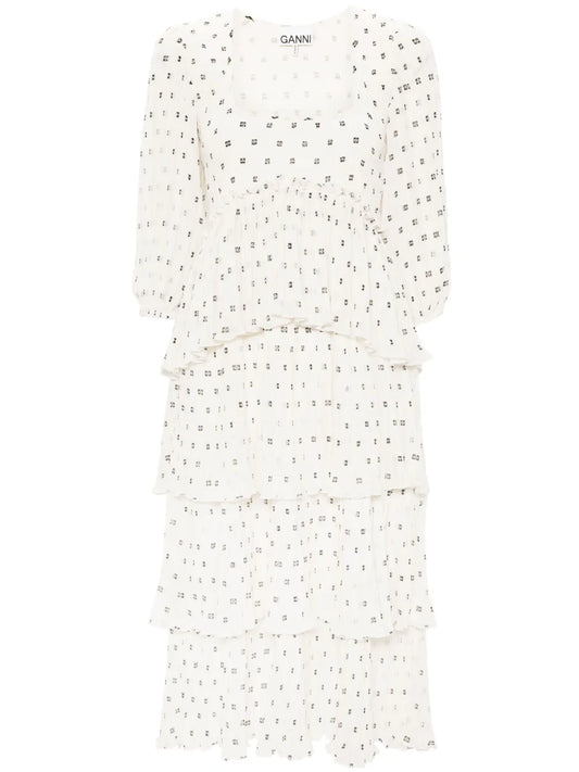 Monogram-Print Pleated Midi Dress