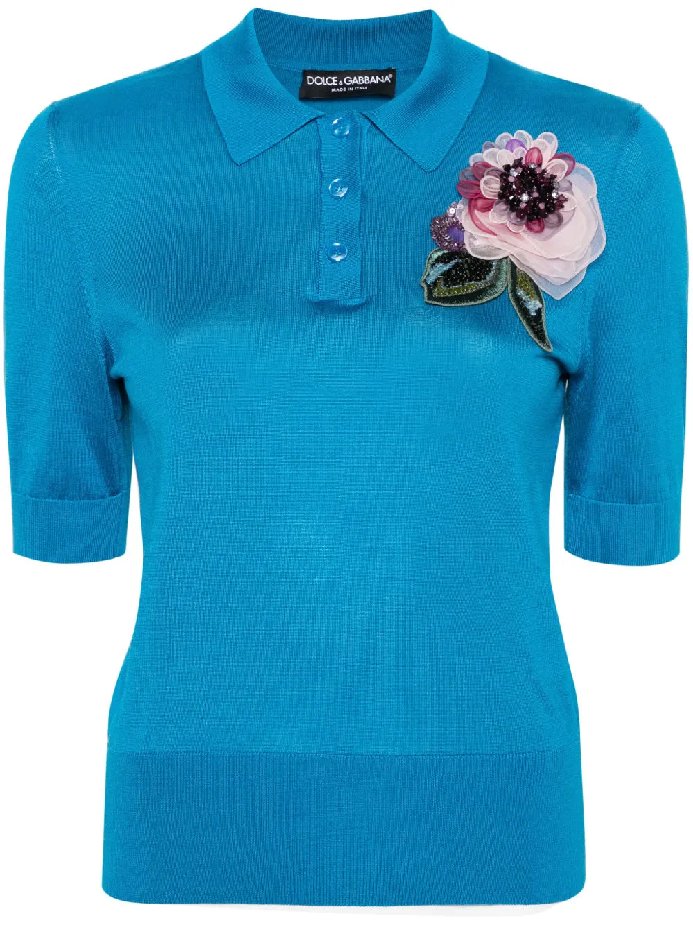 Floral-Appliqué Knit Polo Shirt