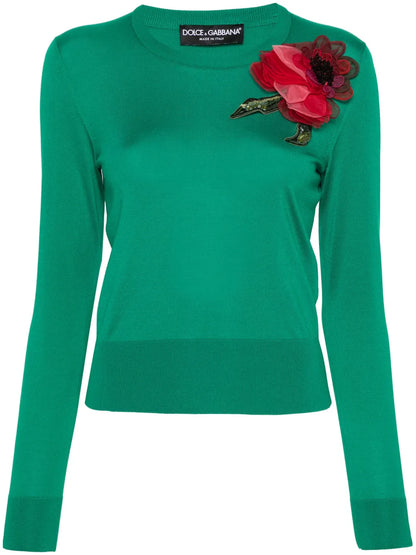 Floral-Appliqué Silk Jumper