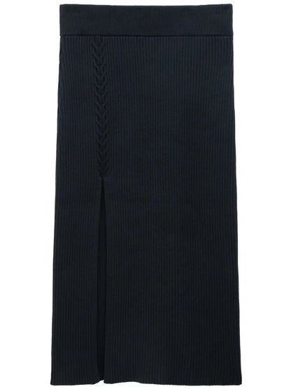 Front-Slit Ribbed Midi Skirt