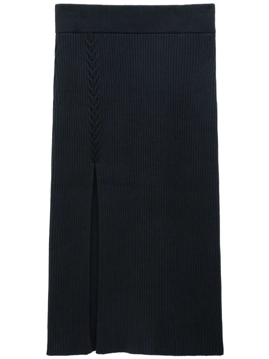 Front-Slit Ribbed Midi Skirt