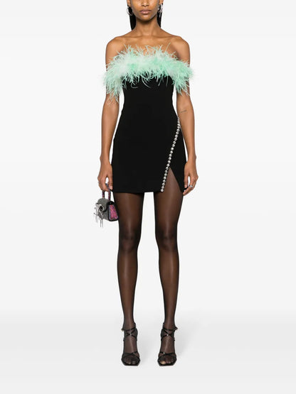 Feather-Detailed Strapless Minidress