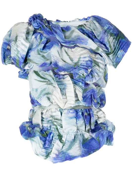 Floral-Print Plissé-Effect Blouse